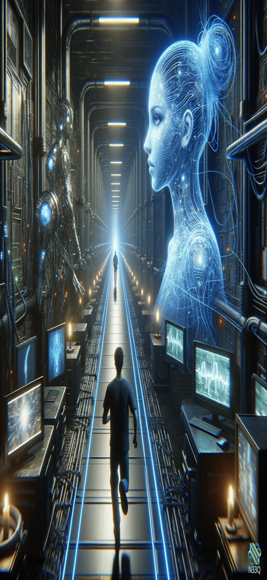 Runner Fleeing Holographic AI in Neon Corridor