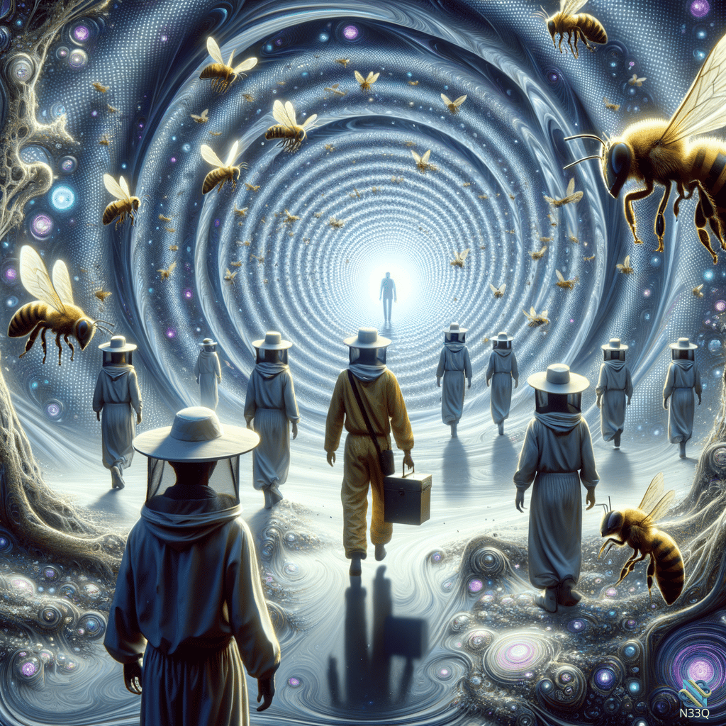 Beekeepers Entering Glowing Cosmic Bee Vortex