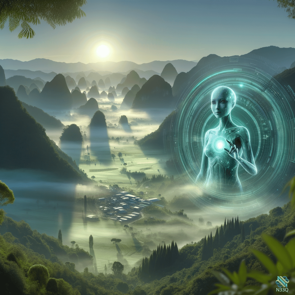 Holographic Woman Over Misty Mountain Valley
