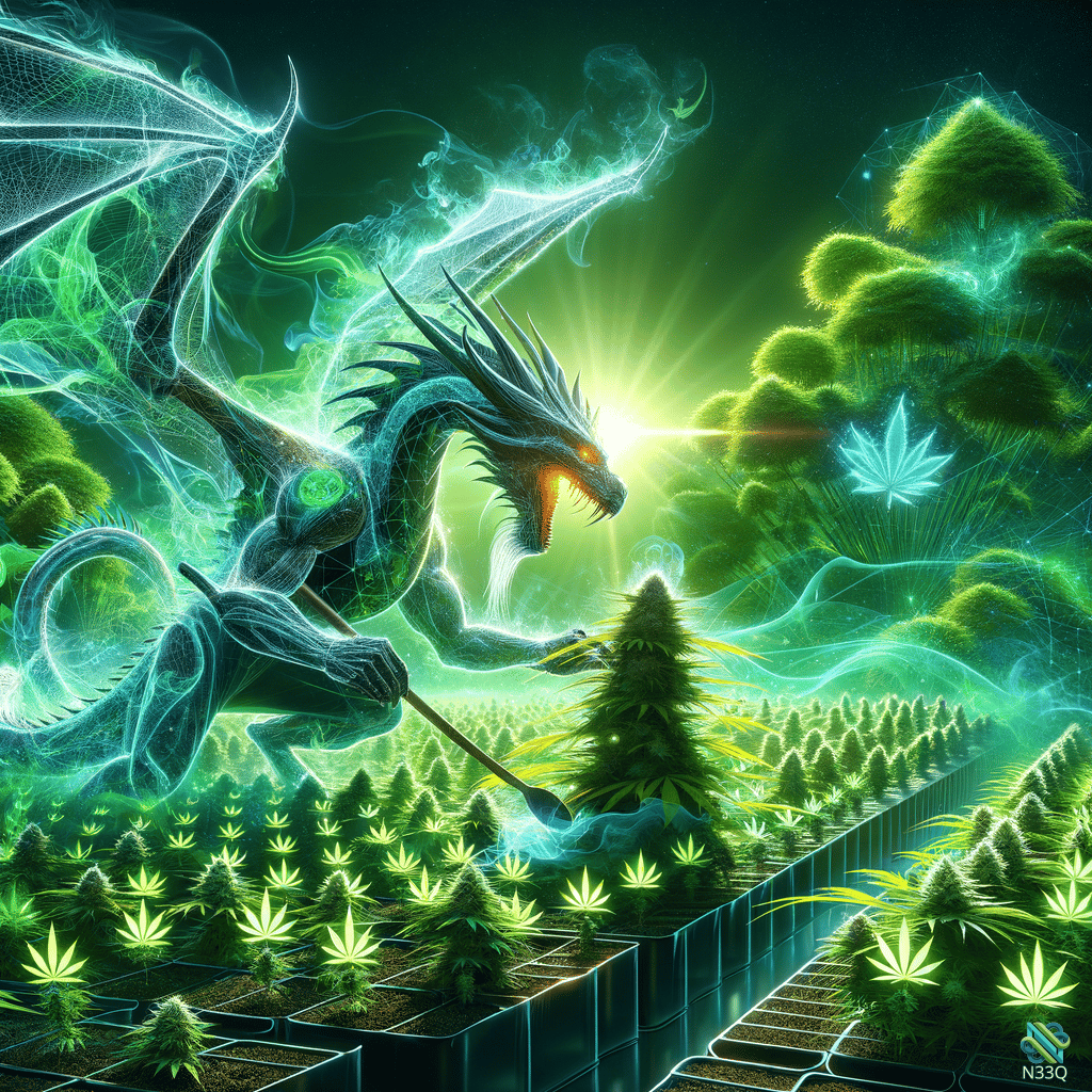 Ethereal Dragon Over Glowing Cannabis Field