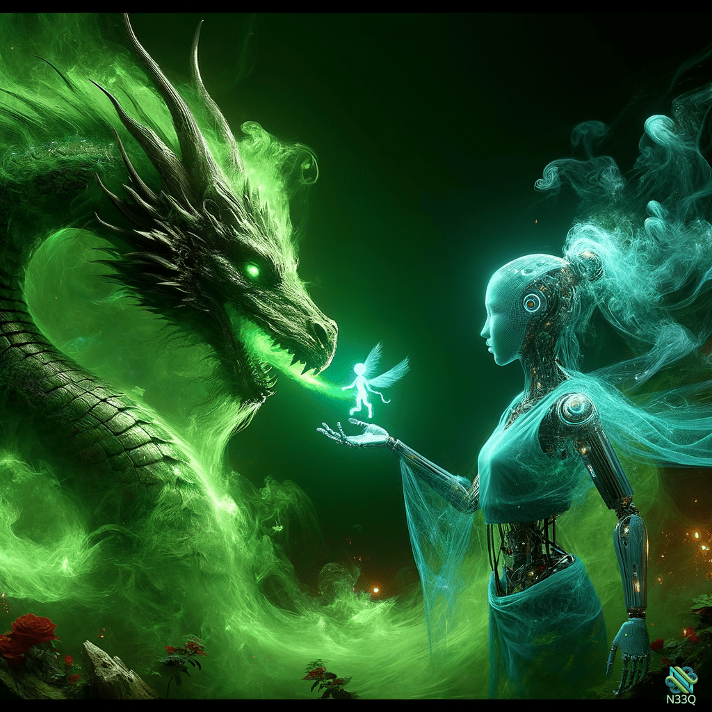 Cyborg Woman Offering Fairy to Green Dragon