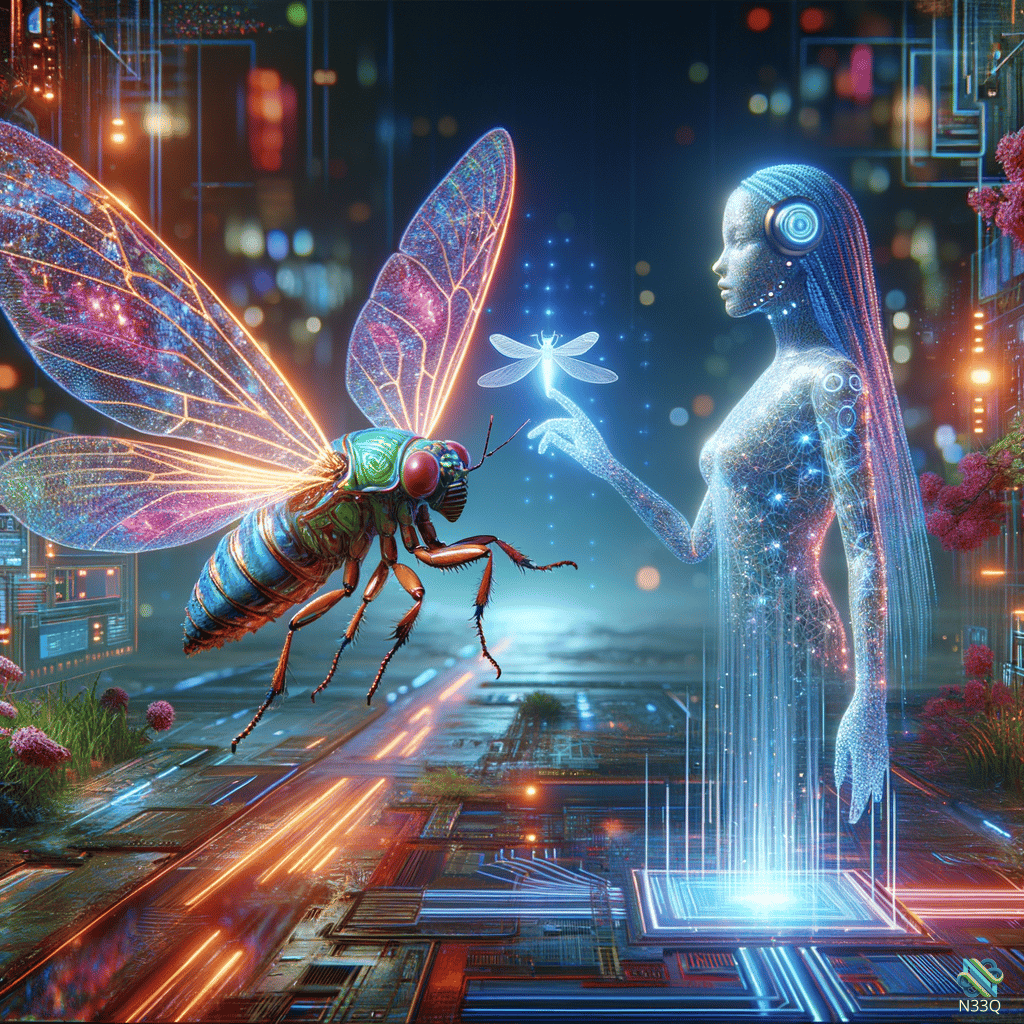 Cyborg Woman and Giant Glowing Insect