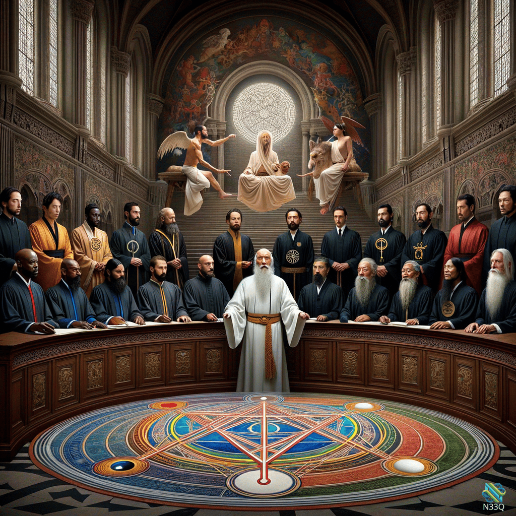 Elders Gathered Before Central Sage in Cathedral