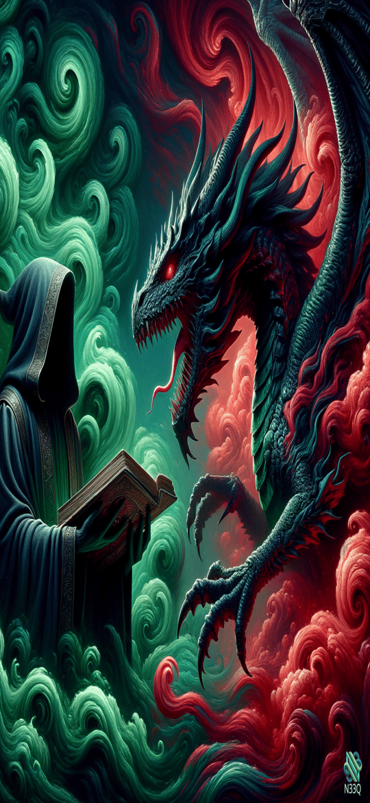 Hooded Sorcerer Reading Book Before Dragon