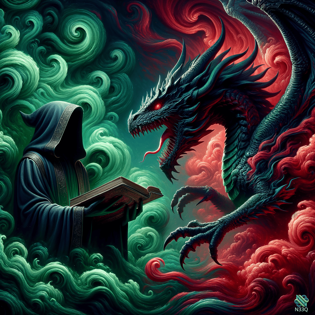 Hooded Sorcerer Reading Book Before Dragon
