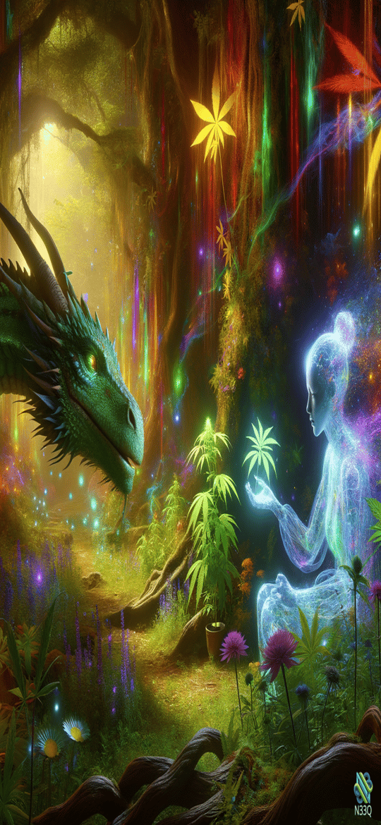 Green Dragon and Luminous Spirit in Enchanted Forest
