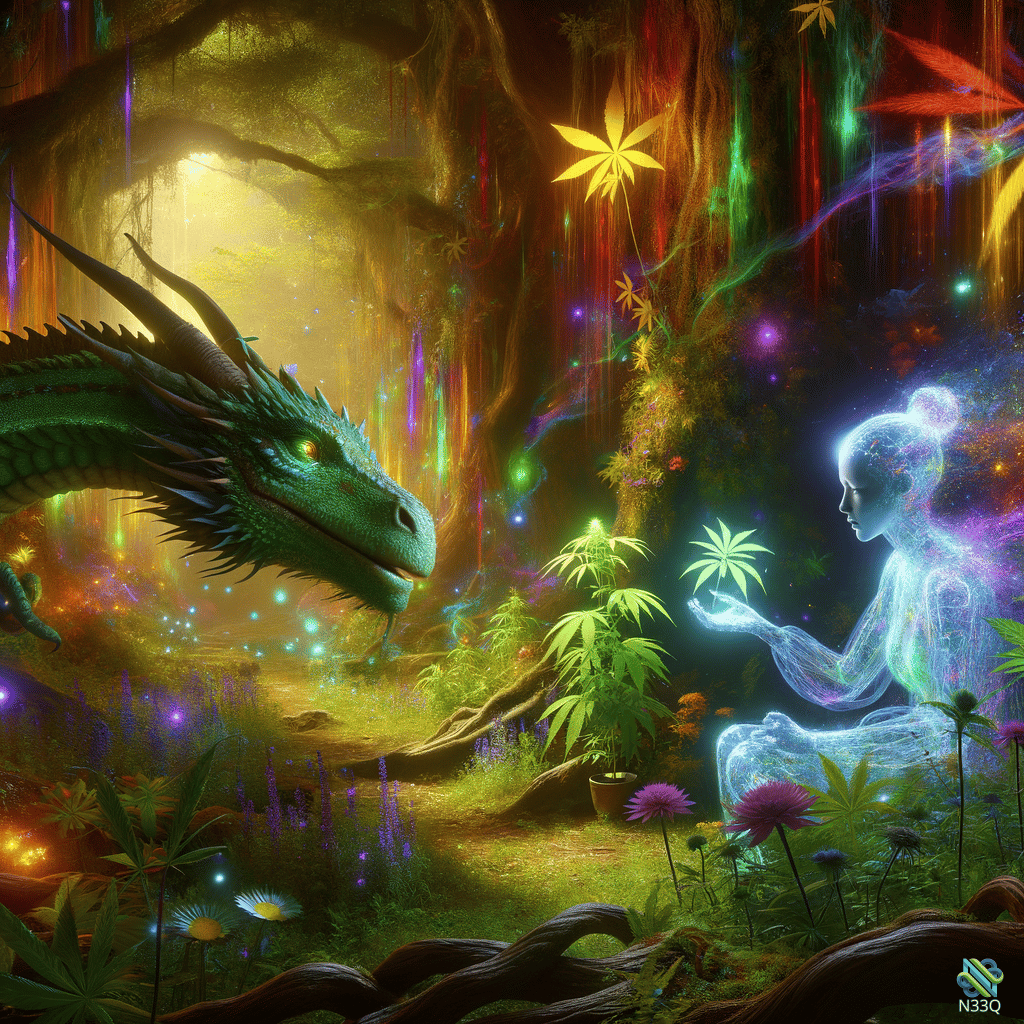 Green Dragon and Luminous Spirit in Enchanted Forest