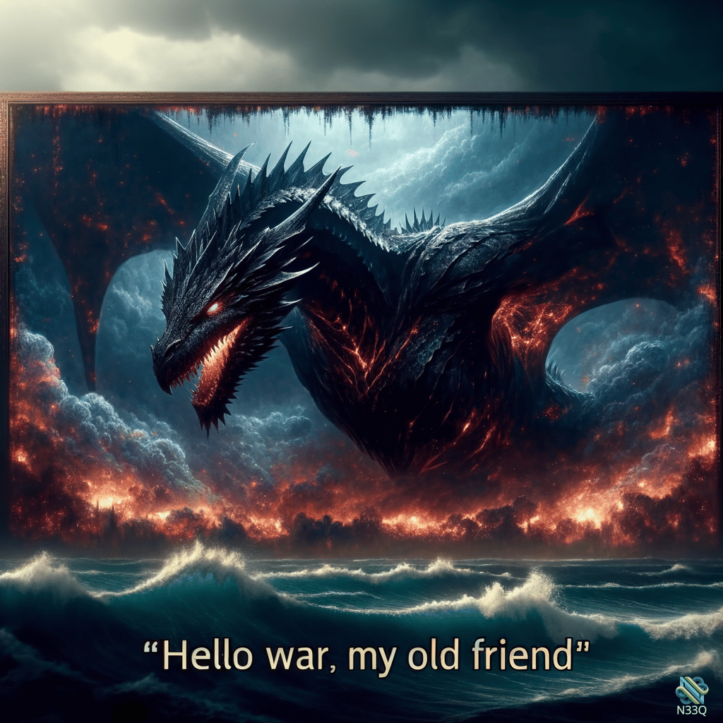 Black Dragon Over Fiery Stormy Seas