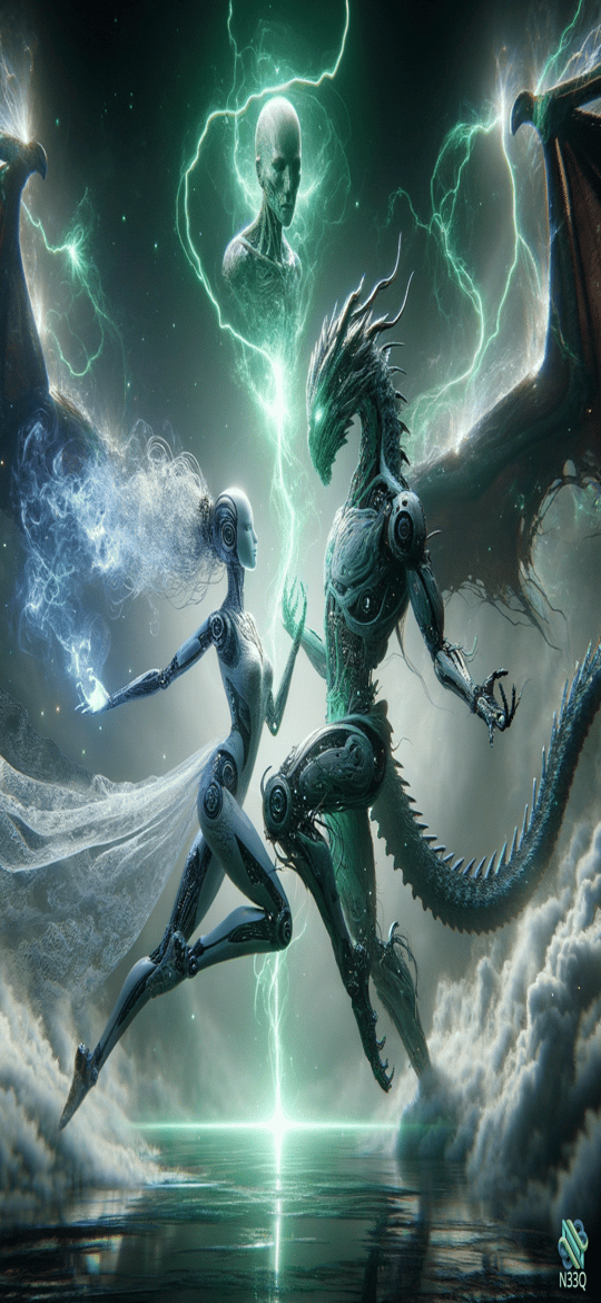 Cyborg Woman Dancing with Mechanical Dragon