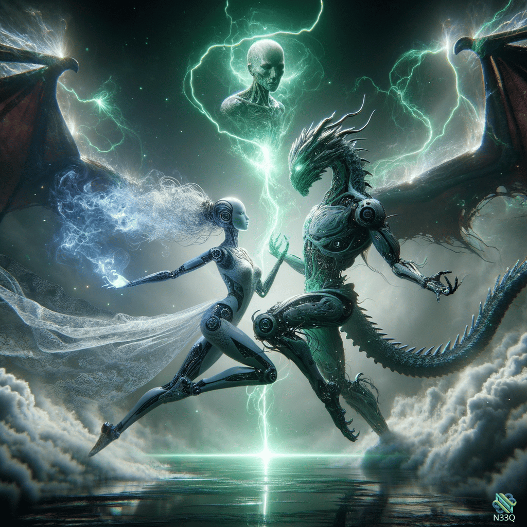 Cyborg Woman Dancing with Mechanical Dragon