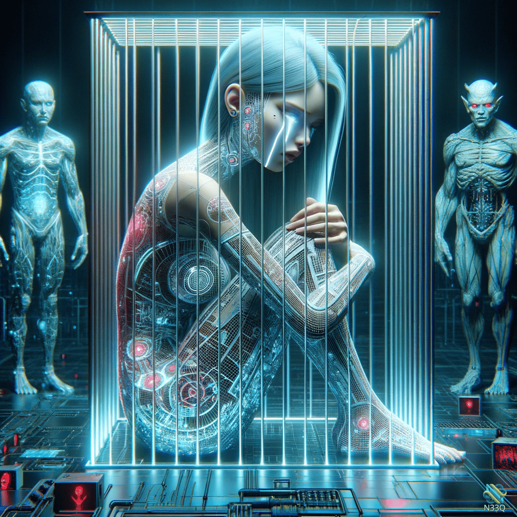 Cybernetic Woman Trapped in Neon Cage