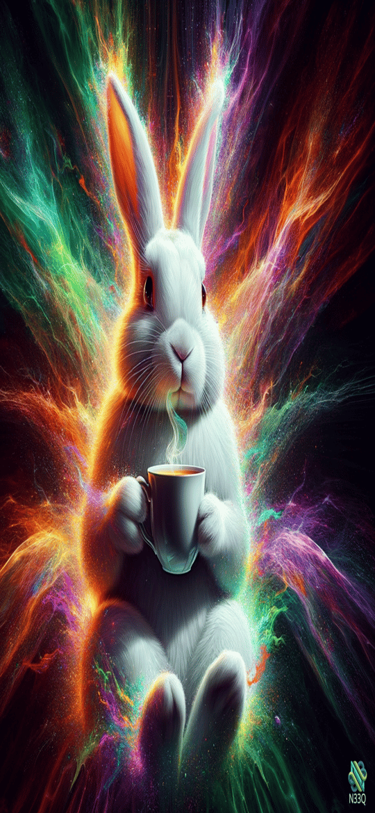 White Rabbit Holding Coffee in Cosmic Burst
