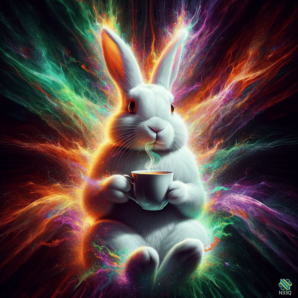 White Rabbit Holding Coffee in Cosmic Burst