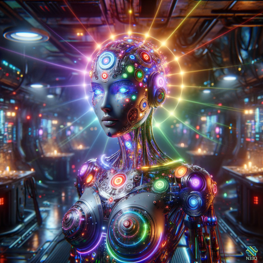 Neon Cyborg Woman in Futuristic Lab