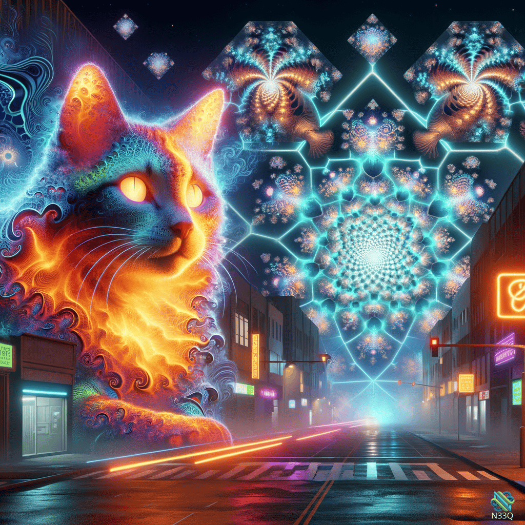 Psychedelic Cat Over Fractal Neon City Street