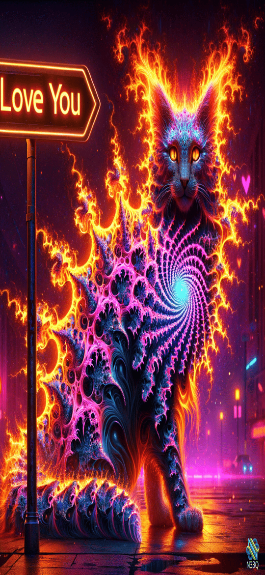 Fractal Cat with Love You Neon Sign