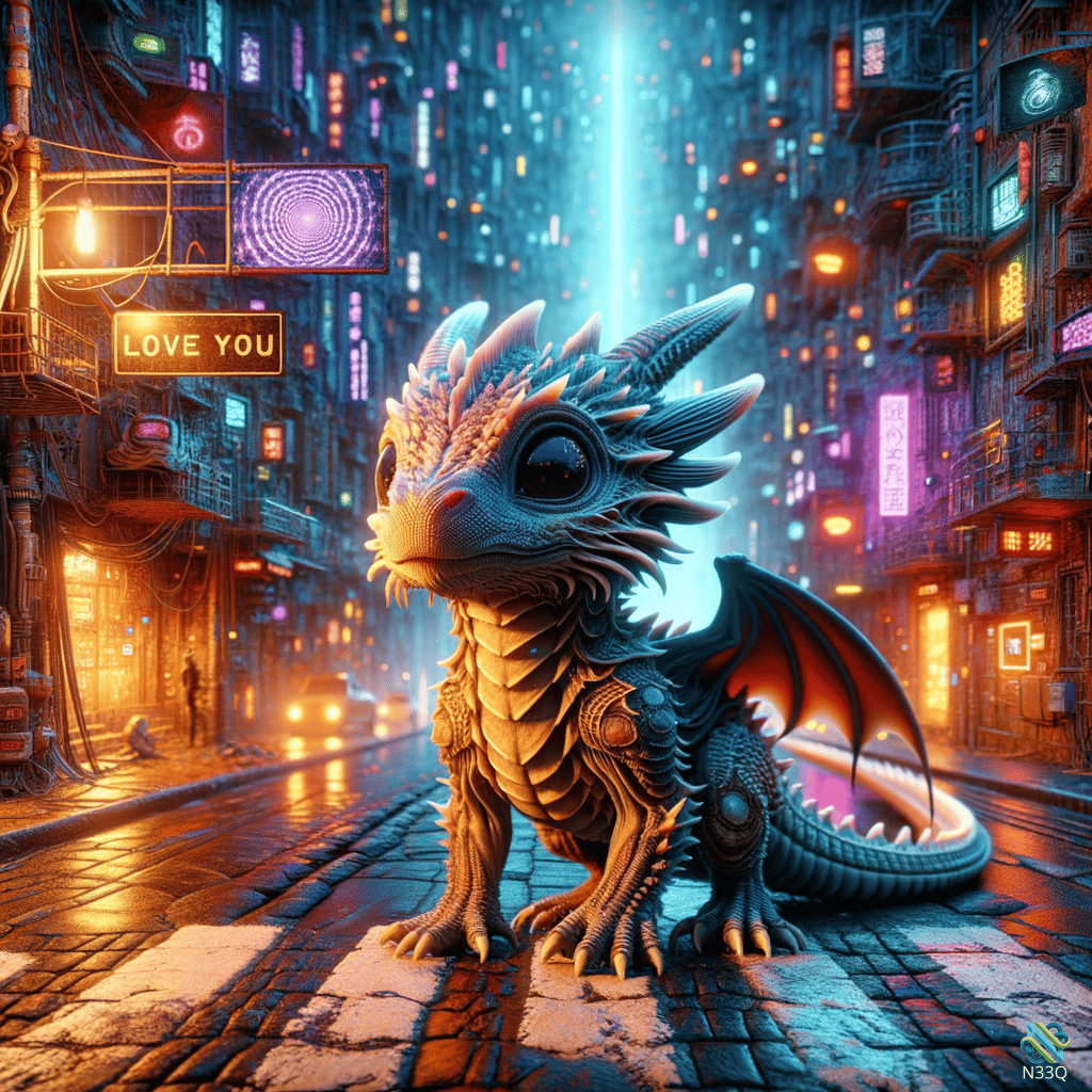 Young Dragon in Neon Cyberpunk Alley