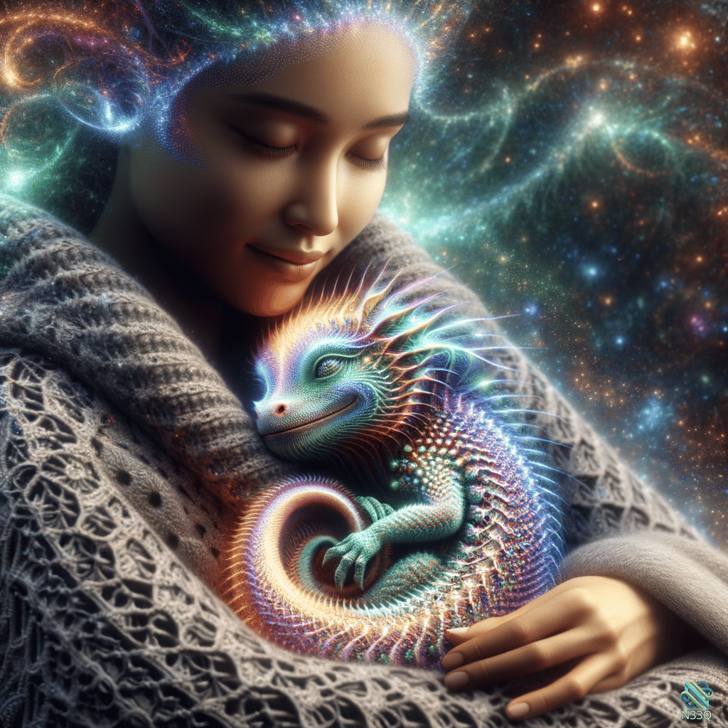Woman Cradling Luminous Dragon in Cosmos