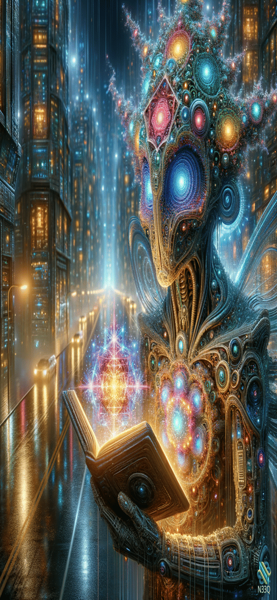 Cybernetic Alien Holding Glowing Book in Rainy City