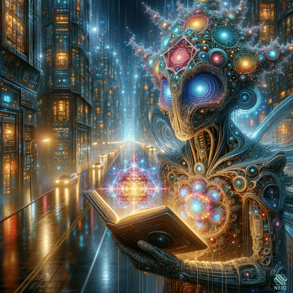Cybernetic Alien Holding Glowing Book in Rainy City