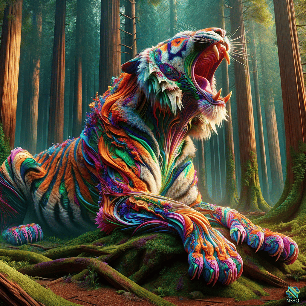Psychedelic Rainbow Tiger Roaring in Forest