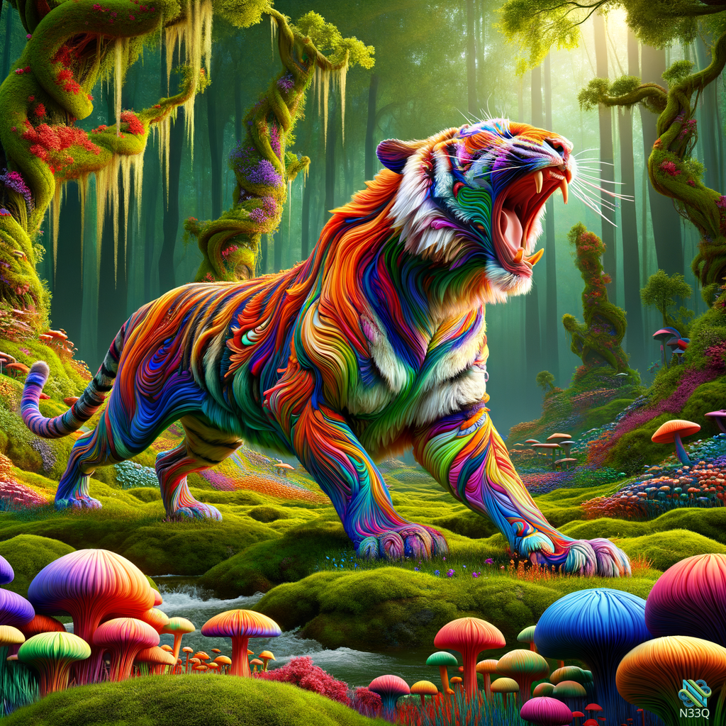Rainbow Tiger Roaring in Enchanted Forest