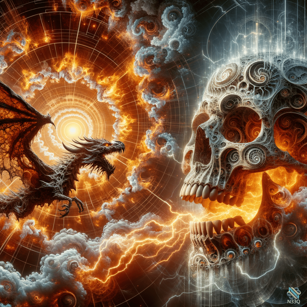 Dragon Confronting Ornate Skull in Fiery Vortex