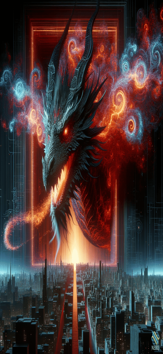Dragon Emerging from Fiery Portal Over City