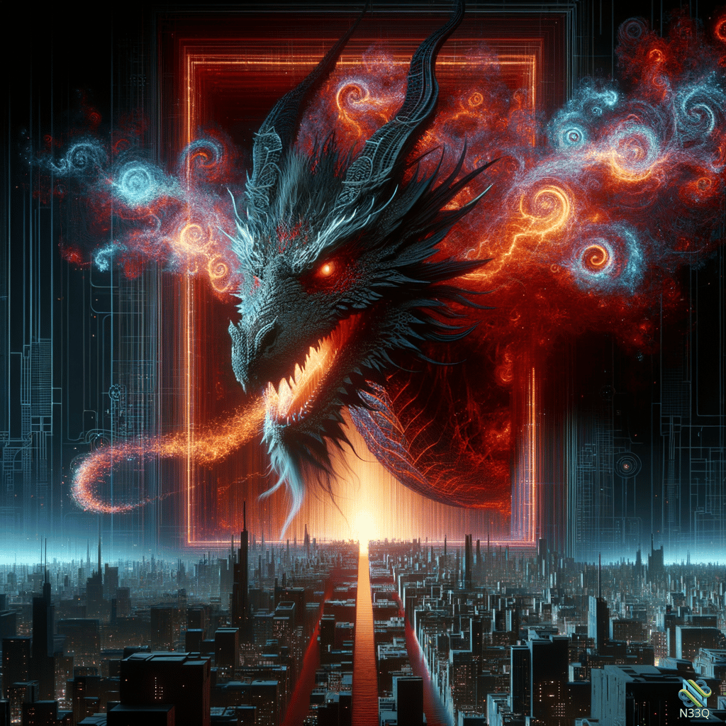 Dragon Emerging from Fiery Portal Over City