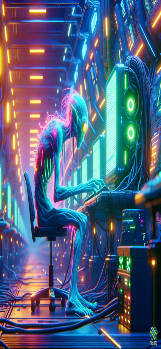Glowing Alien Hacker in Neon Server Room