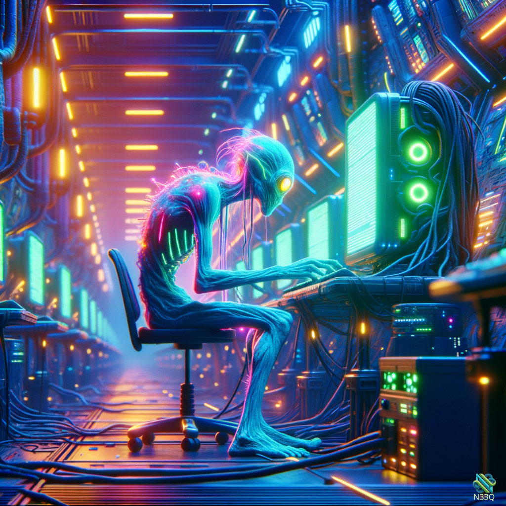 Glowing Alien Hacker in Neon Server Room