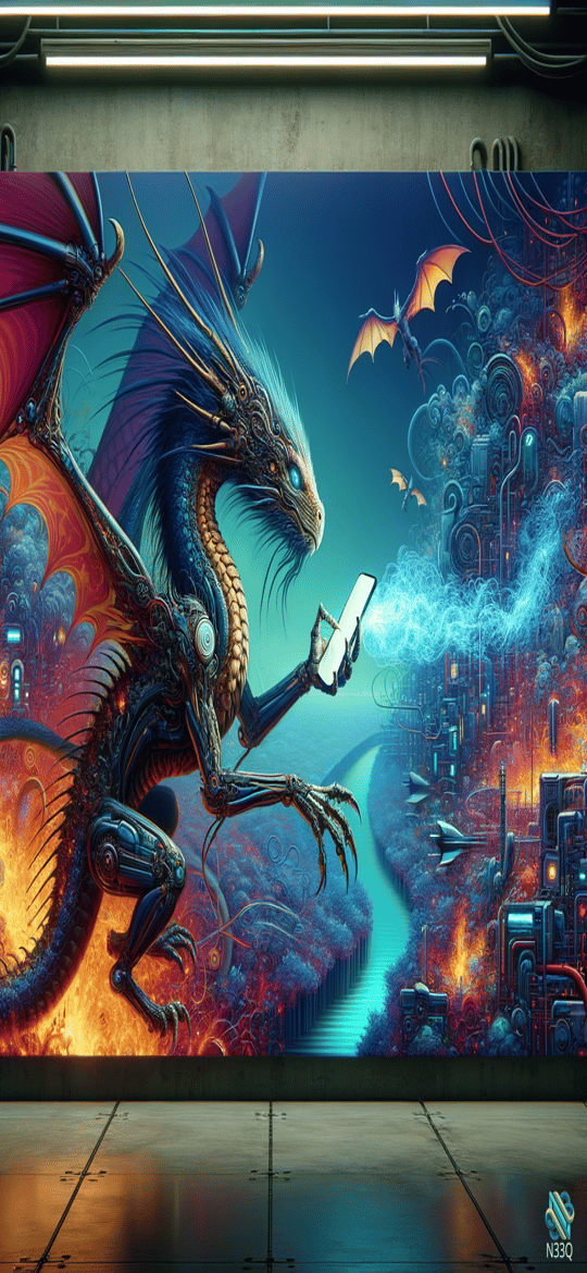 Cybernetic Dragon Checking Smartphone in Neon City