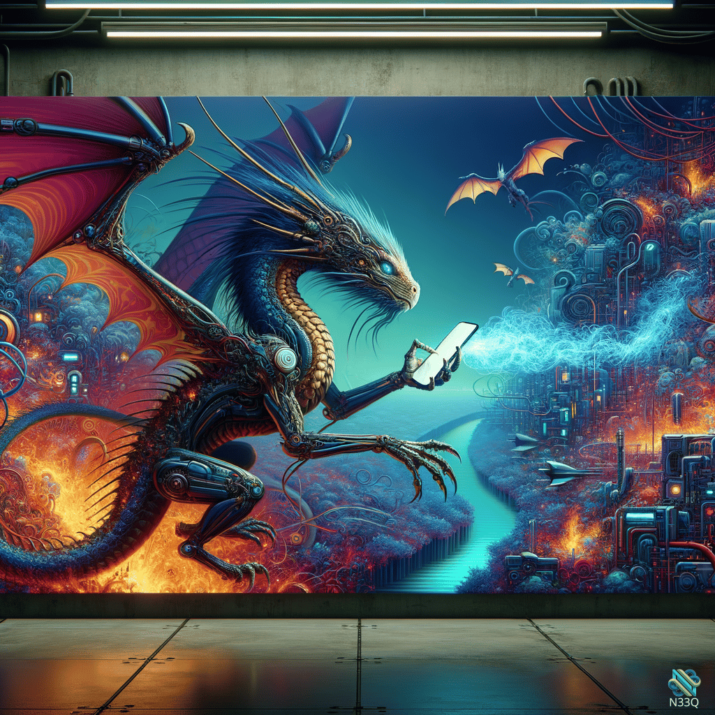 Cybernetic Dragon Checking Smartphone in Neon City