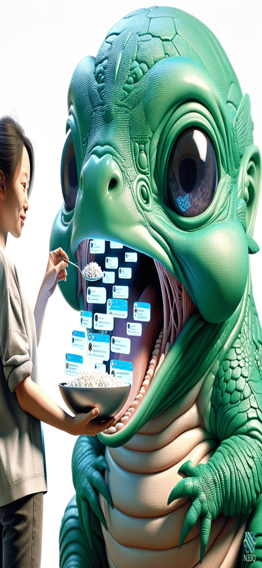 Woman Feeding Chat Bubbles to Giant Lizard