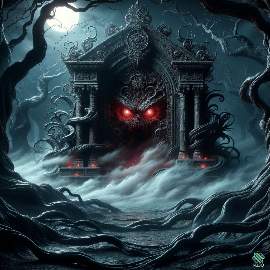 Demonic Archway with Glowing Red Eyes