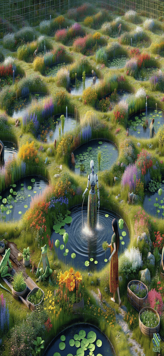 Robot and Woman in Vibrant Pond Garden