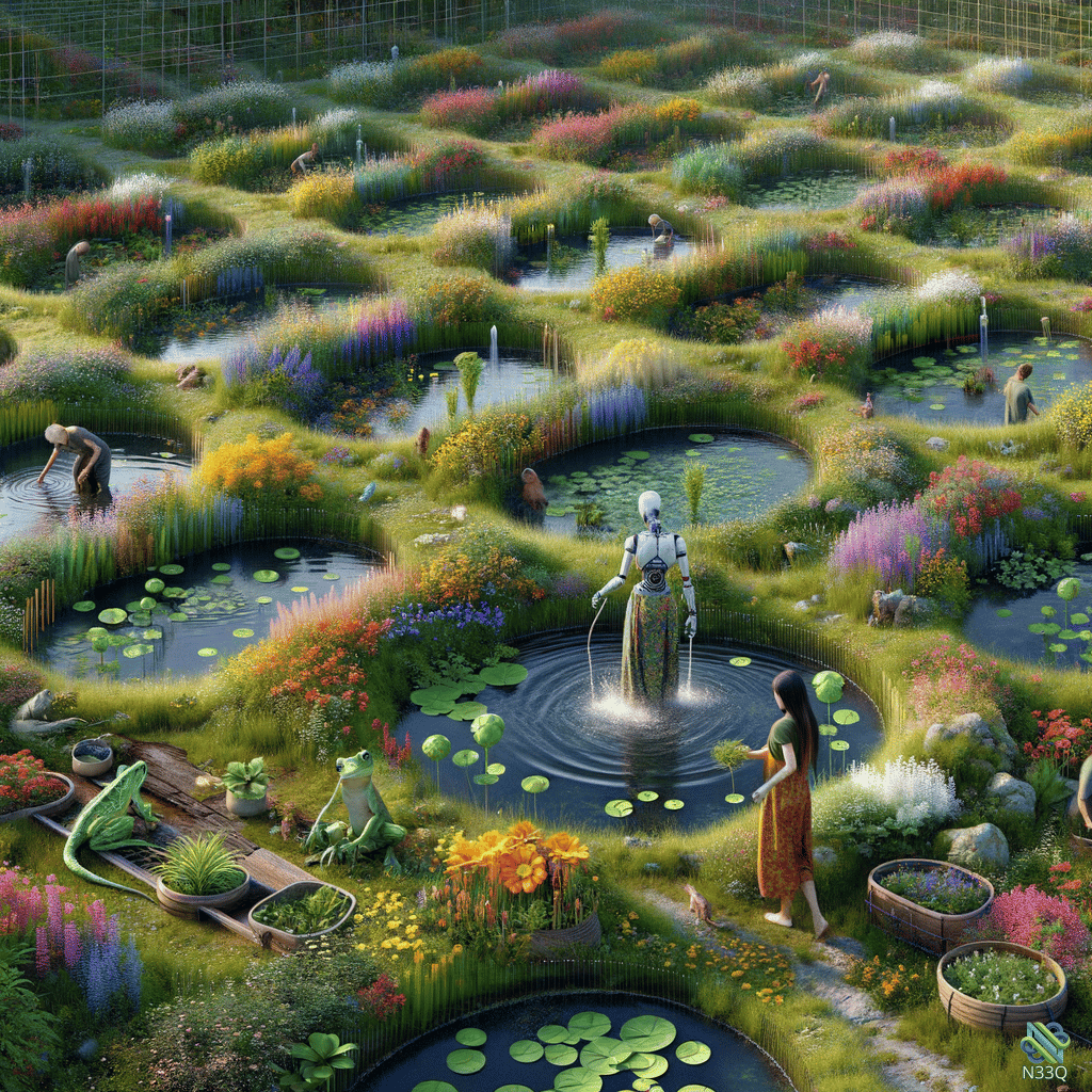 Robot and Woman in Vibrant Pond Garden
