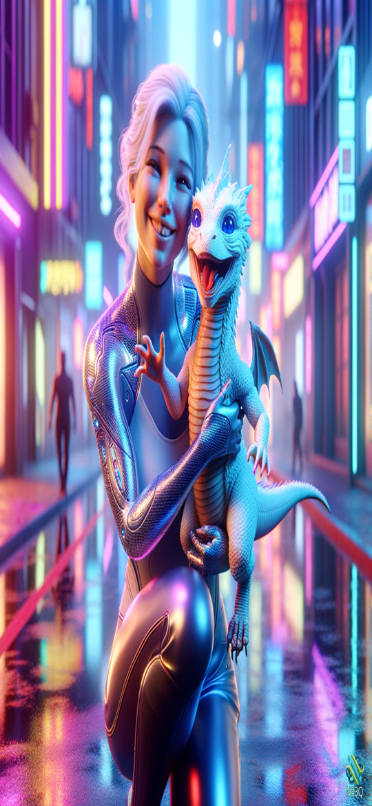 Woman Holding Dragon in Neon City