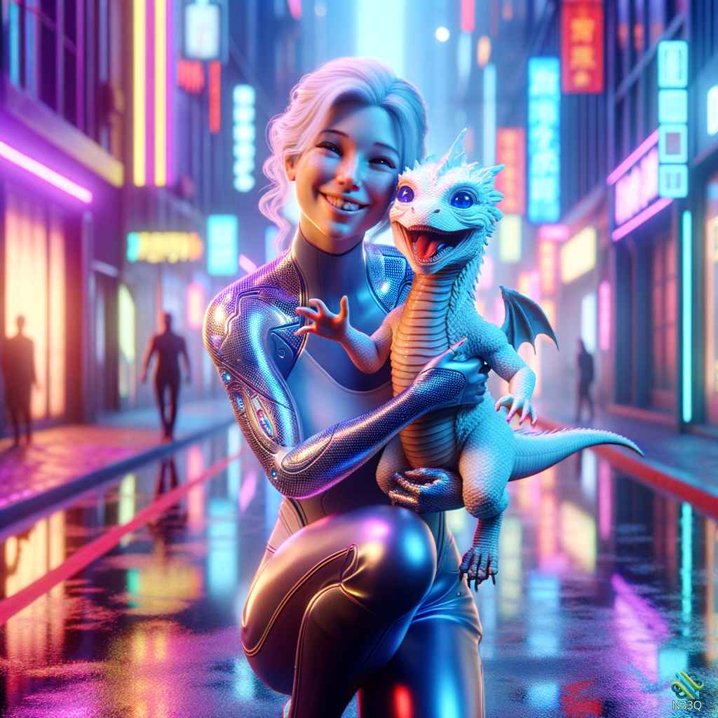Woman Holding Dragon in Neon City