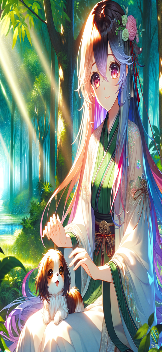 Girl in Kimono with Dog in Forest