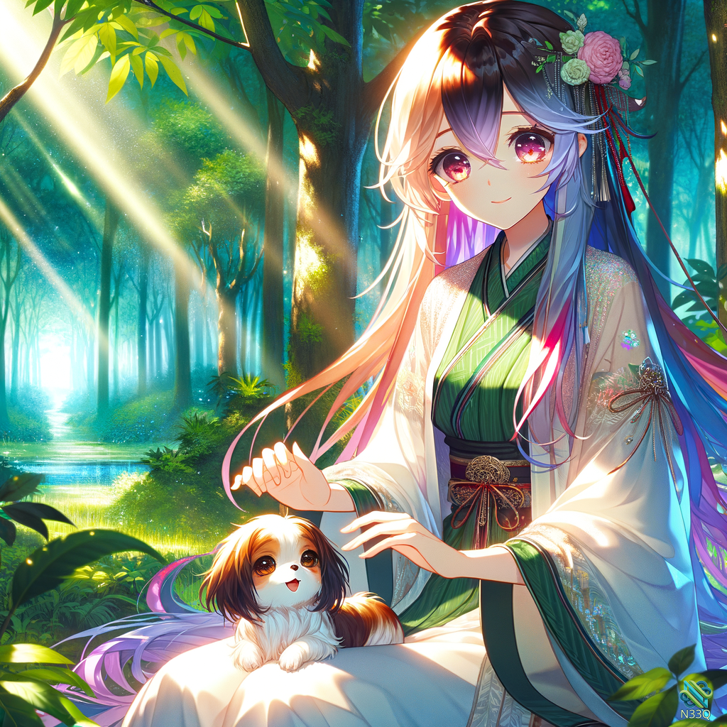 Girl in Kimono with Dog in Forest