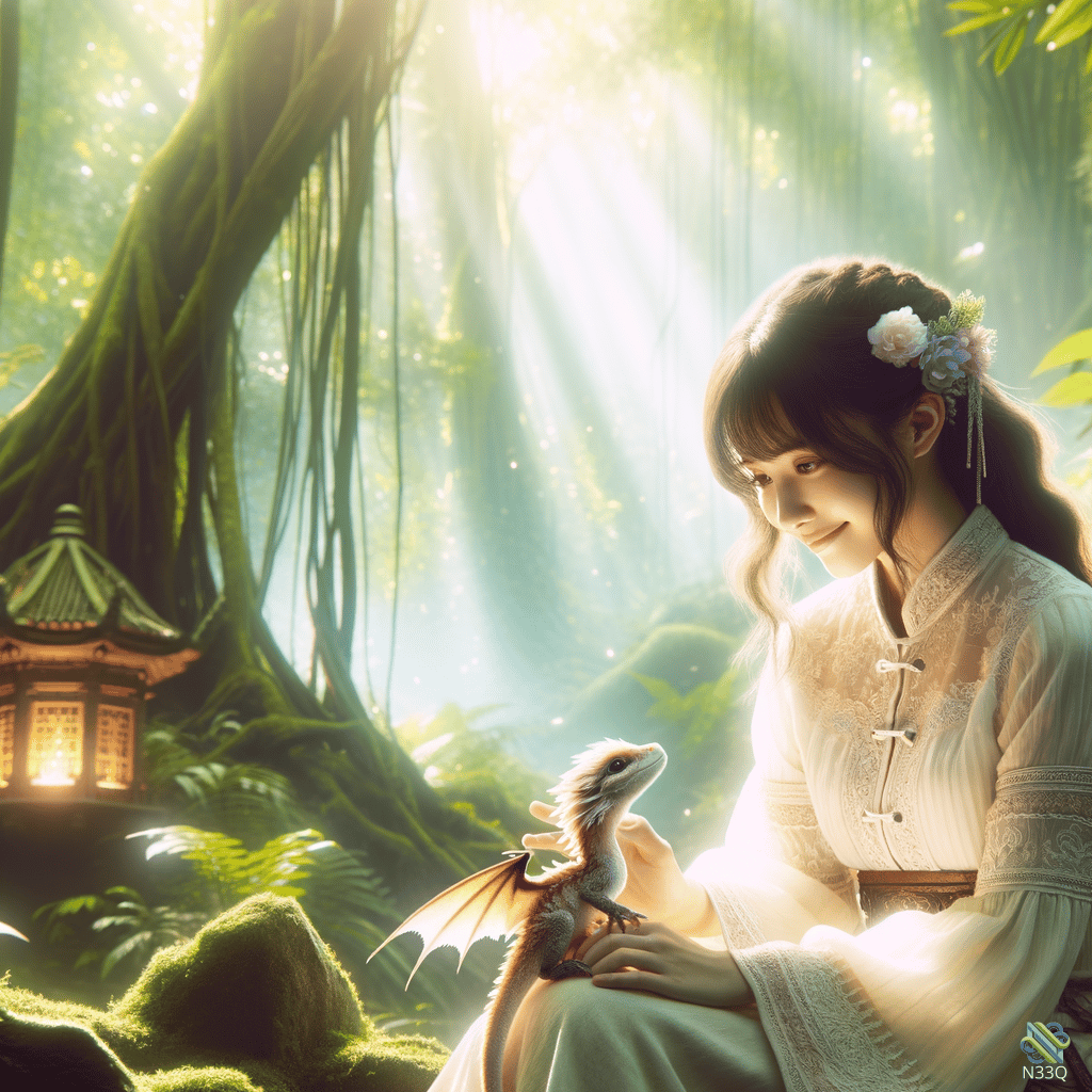 Woman Holding Small Dragon in Sunlit Forest