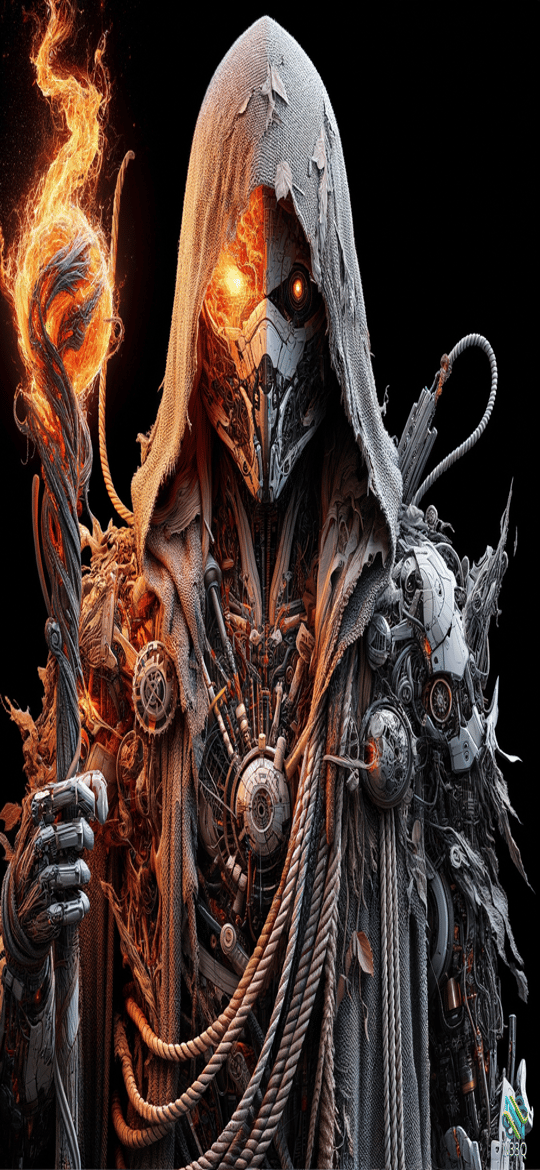 Hooded Cyborg Reaper with Flaming Staff