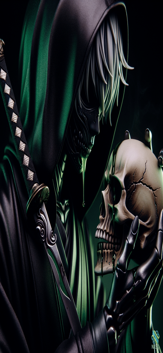 Hooded Skeletal Figure Holding Cracked Skull