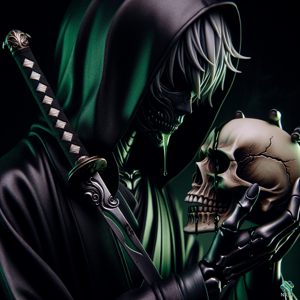 Hooded Skeletal Figure Holding Cracked Skull