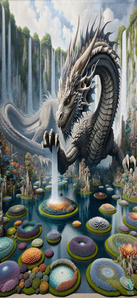 White Dragon Over Floating Islands and Waterfalls