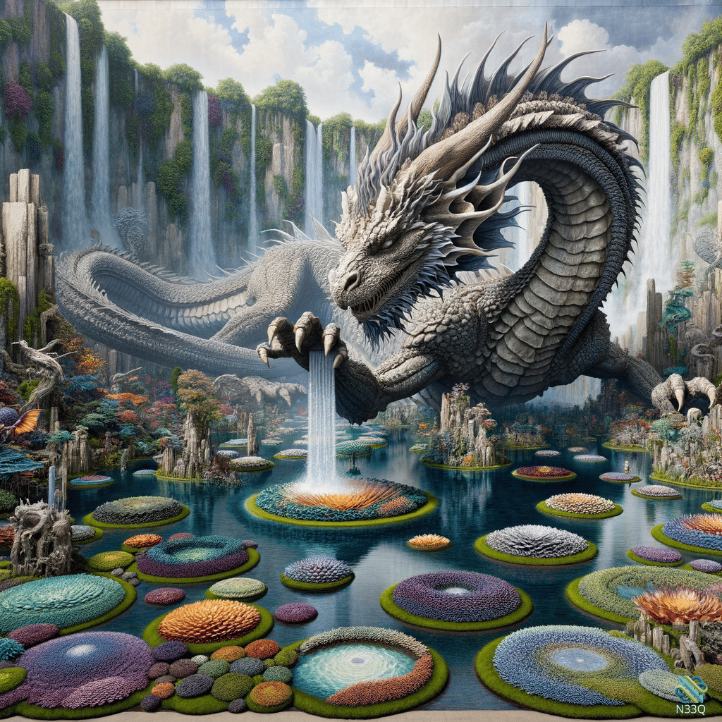 White Dragon Over Floating Islands and Waterfalls