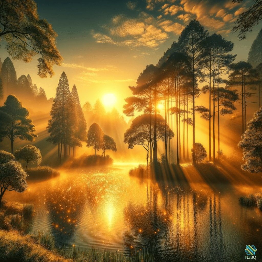 Golden Sunbeams Over Misty Forest Lake