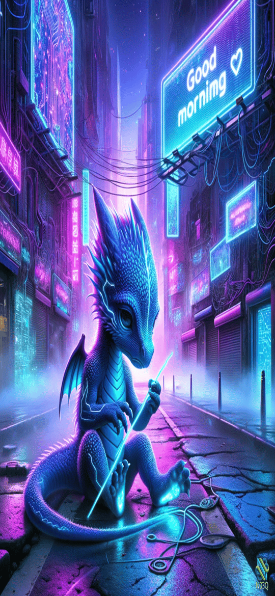 Blue Dragon in Neon Cyberpunk Alley