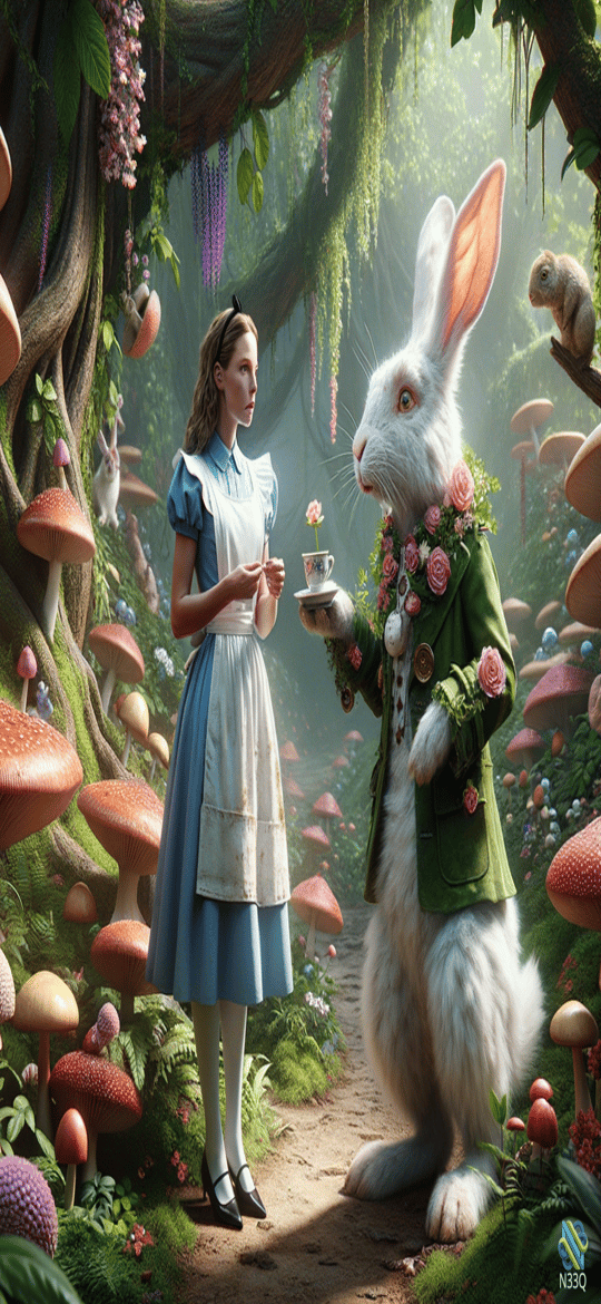 Alice and the White Rabbit in Mushroom Forest